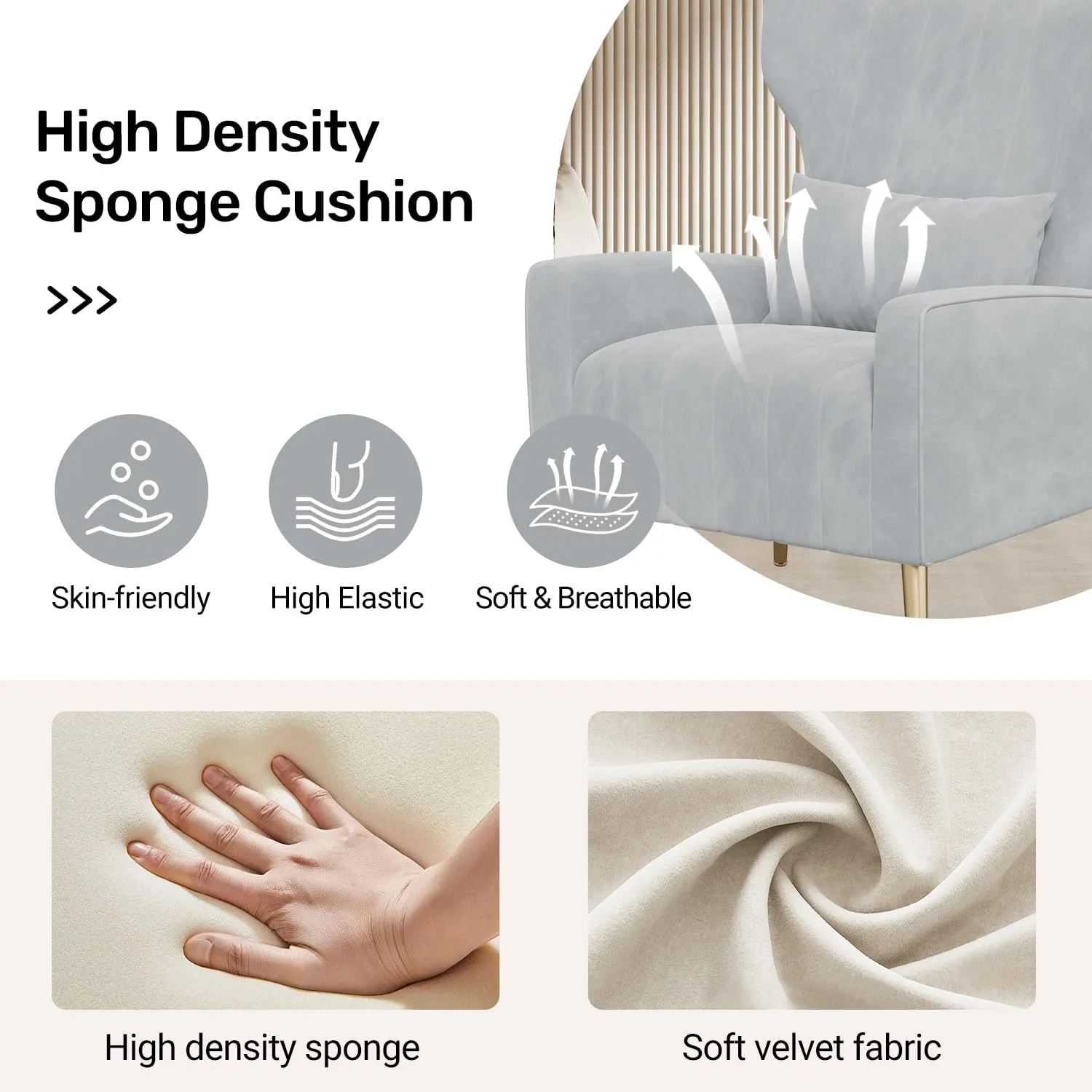 Velvet Accent Chair Wingback for Living Room, High Back Arm Chair with Golden Legs Lumbar Pillow, Upholstered Single Sofa Bedroom Light Grey