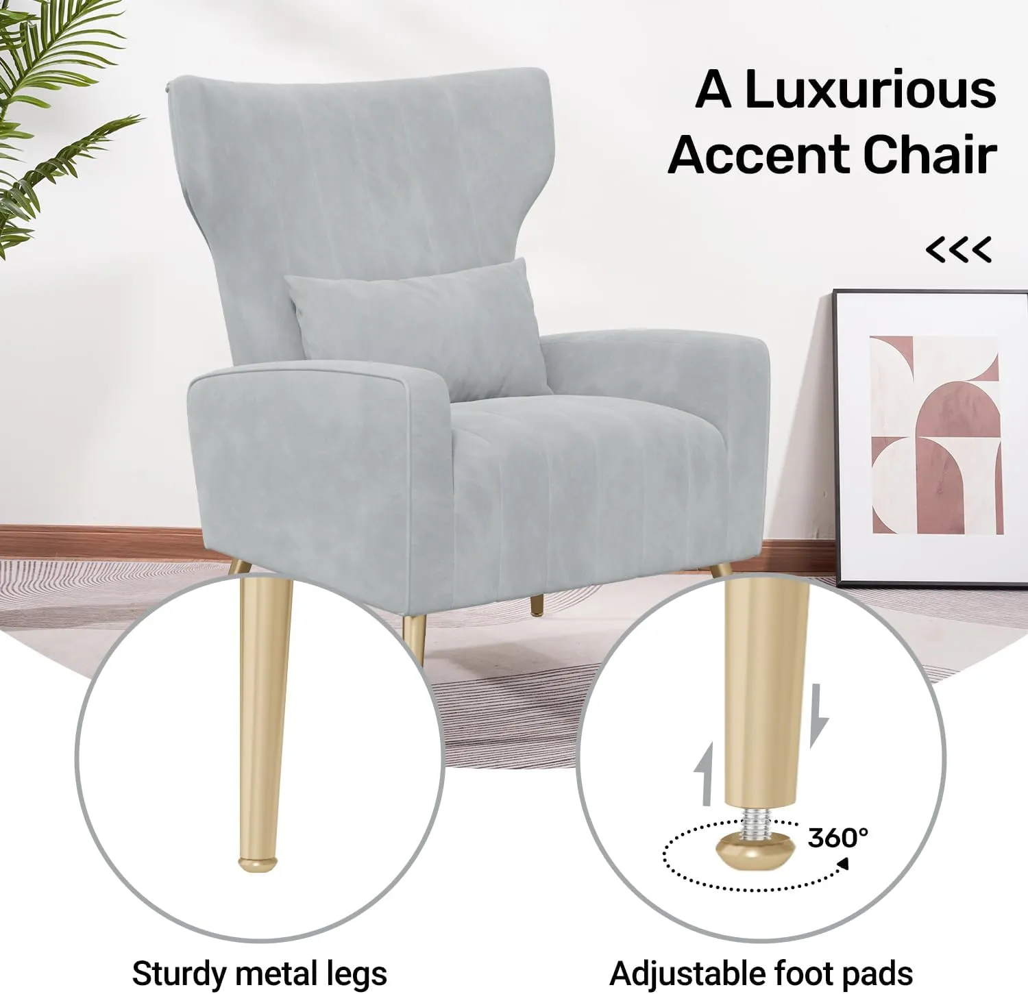 Velvet Accent Chair Wingback for Living Room, High Back Arm Chair with Golden Legs Lumbar Pillow, Upholstered Single Sofa Bedroom Light Grey