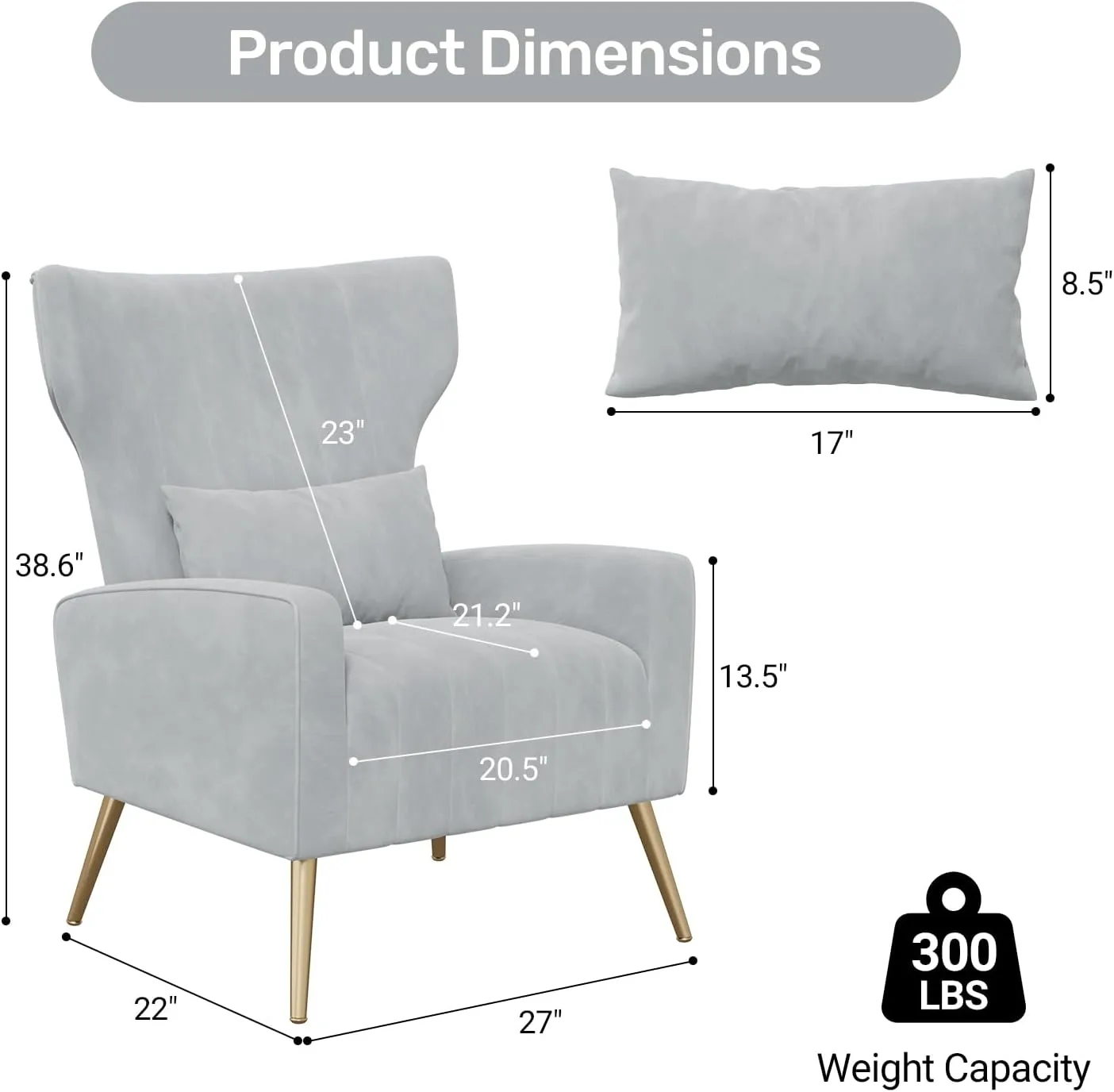 Velvet Accent Chair Wingback for Living Room, High Back Arm Chair with Golden Legs Lumbar Pillow, Upholstered Single Sofa Bedroom Light Grey