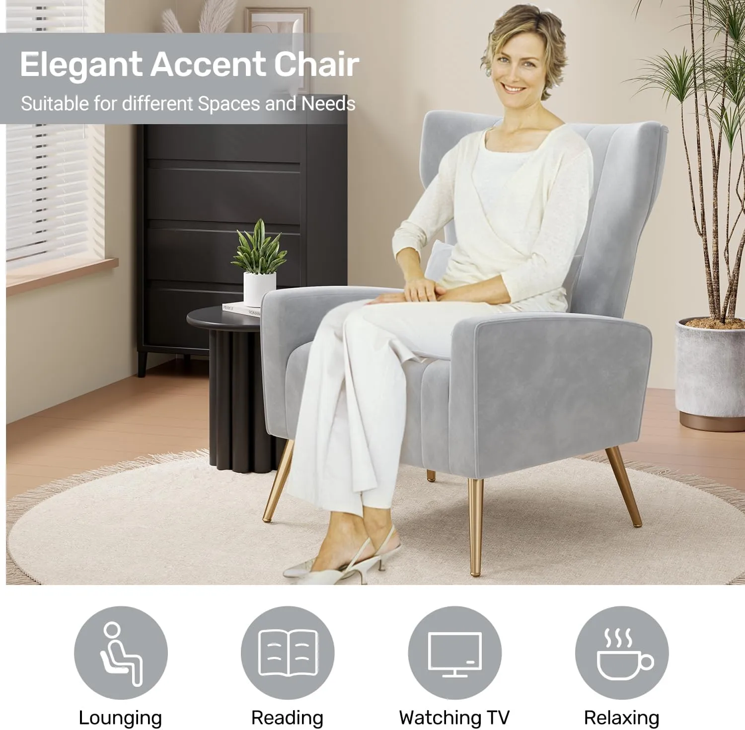 Velvet Accent Chair Wingback for Living Room, High Back Arm Chair with Golden Legs Lumbar Pillow, Upholstered Single Sofa Bedroom Light Grey