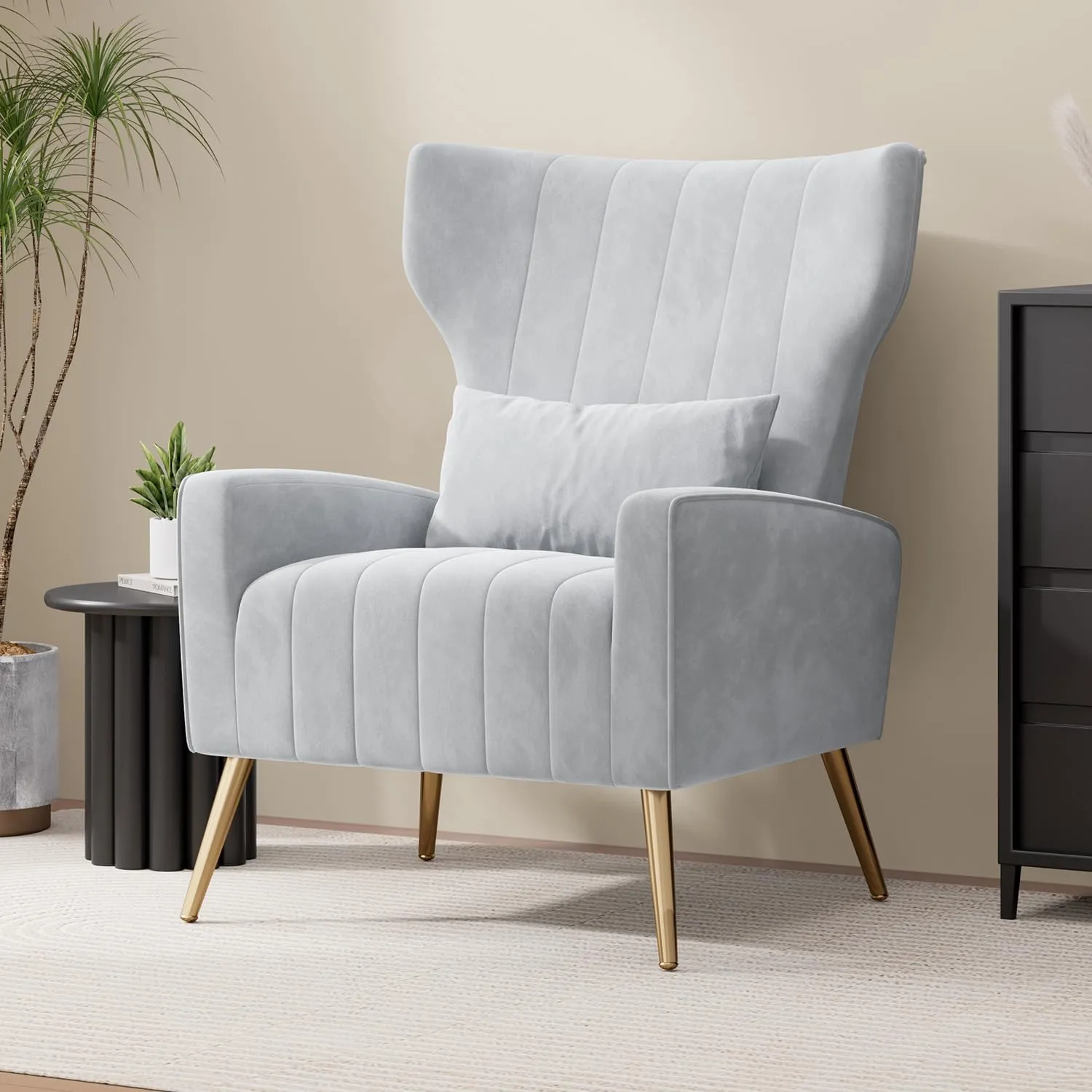 Velvet Accent Chair Wingback for Living Room, High Back Arm Chair with Golden Legs Lumbar Pillow, Upholstered Single Sofa Bedroom Light Grey