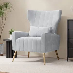 Velvet Accent Chair Wingback for Living Room, High Back Arm Chair with Golden Legs Lumbar Pillow, Upholstered Single Sofa Bedroom Light Grey