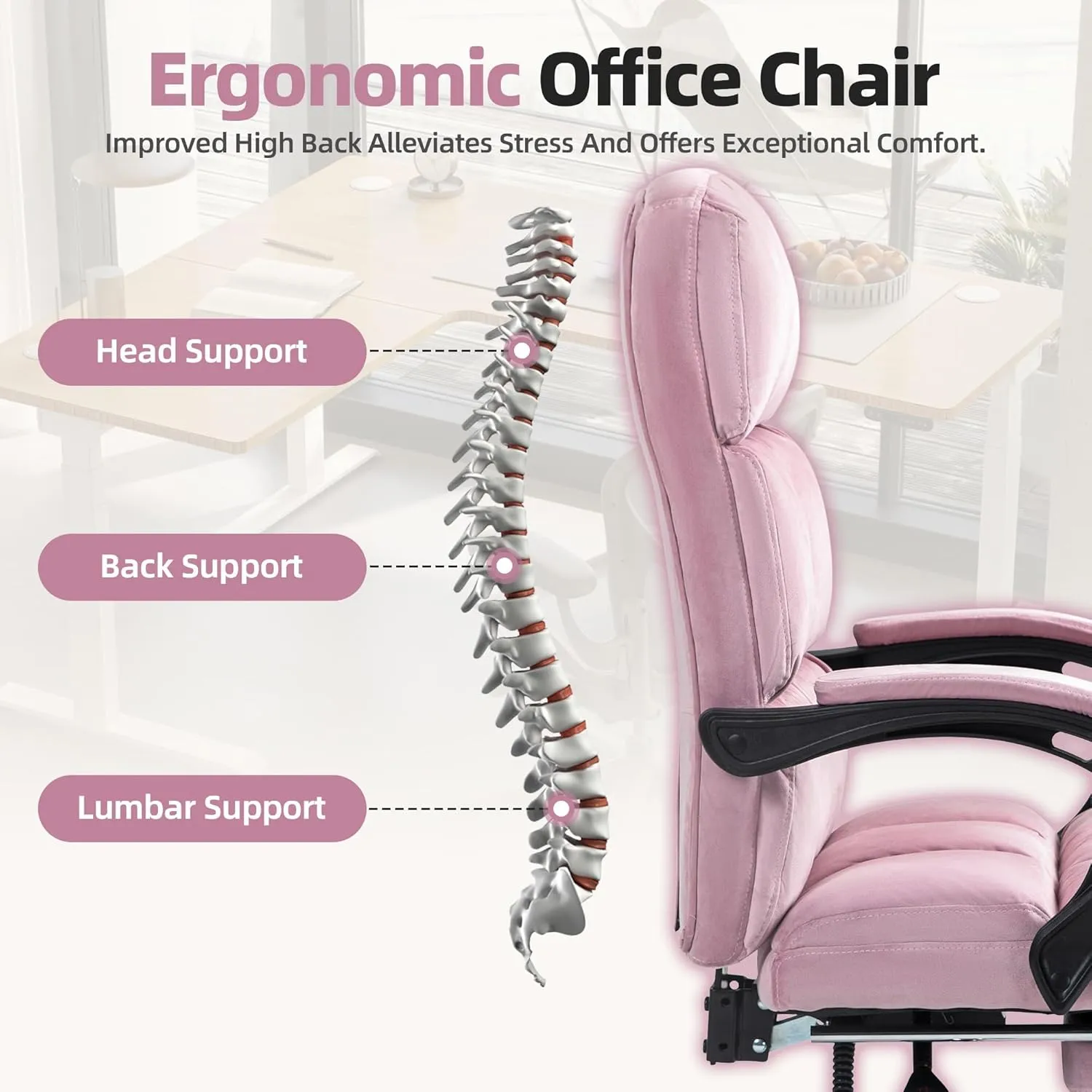 Velvet Reclining Office Chair with Footrest, Most Comfortable Ergonomic Computer Chair with Swivel Wheels, Adjustable High Back for Home Office, Pink
