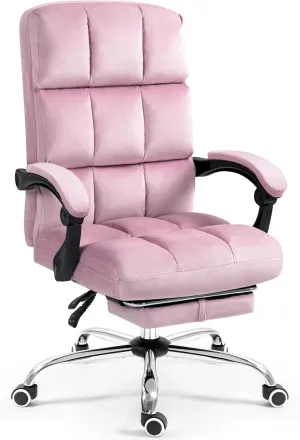 Velvet Reclining Office Chair with Footrest, Most Comfortable Ergonomic Computer Chair with Swivel Wheels, Adjustable High Back for Home Office, Pink