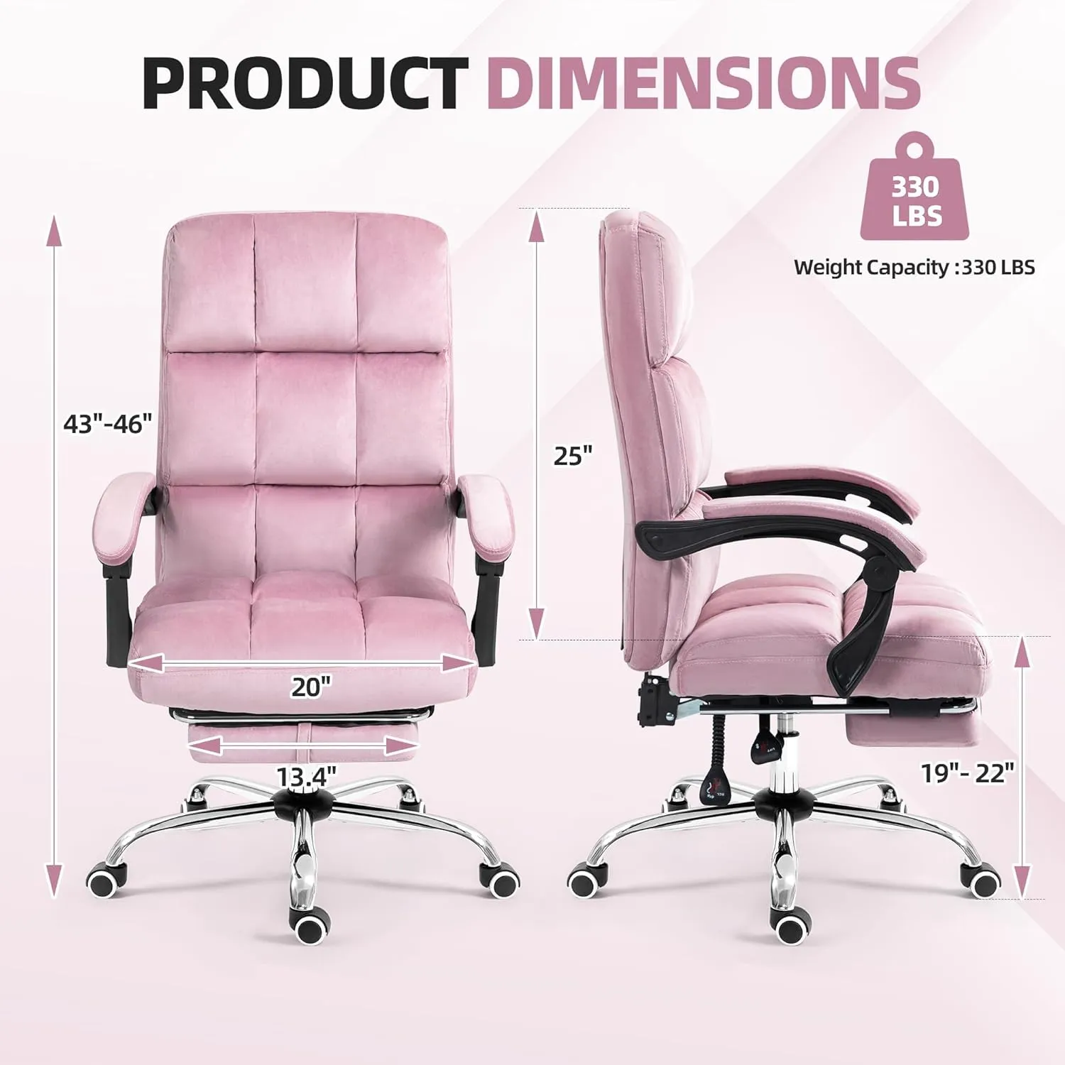 Velvet Reclining Office Chair with Footrest, Most Comfortable Ergonomic Computer Chair with Swivel Wheels, Adjustable High Back for Home Office, Pink