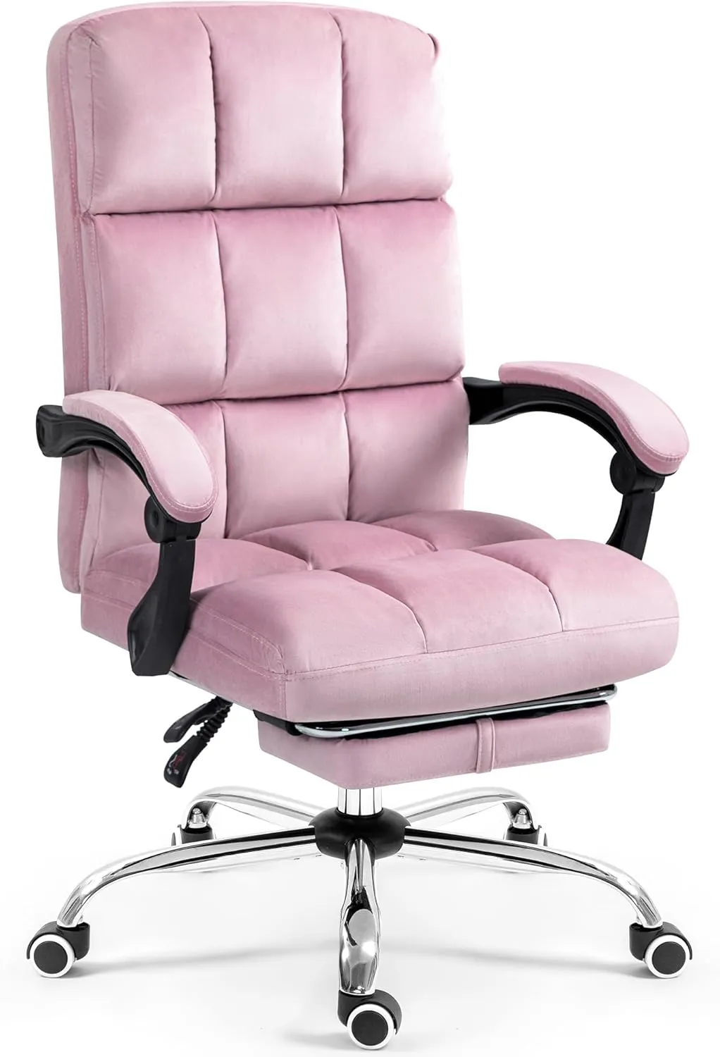 Velvet Reclining Office Chair with Footrest, Most Comfortable Ergonomic Computer Chair with Swivel Wheels, Adjustable High Back for Home Office, Pink