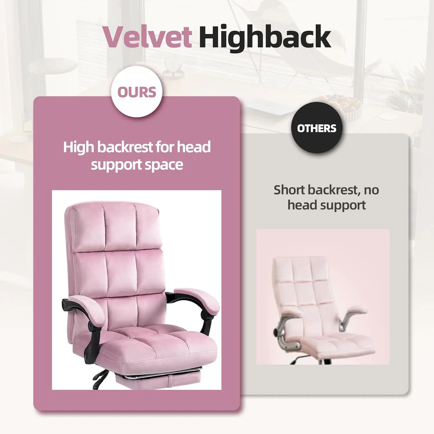 Velvet Reclining Office Chair with Footrest, Most Comfortable Ergonomic Computer Chair with Swivel Wheels, Adjustable High Back for Home Office, Pink