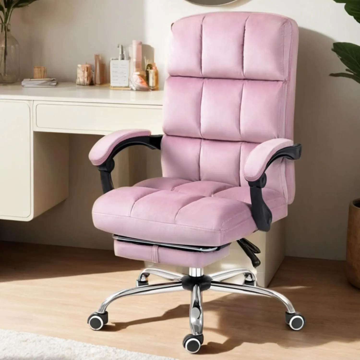 Velvet Reclining Office Chair with Footrest, Most Comfortable Ergonomic Computer Chair with Swivel Wheels, Adjustable High Back for Home Office, Pink