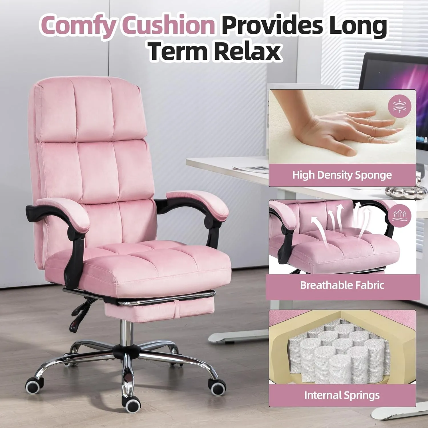 Velvet Reclining Office Chair with Footrest, Most Comfortable Ergonomic Computer Chair with Swivel Wheels, Adjustable High Back for Home Office, Pink