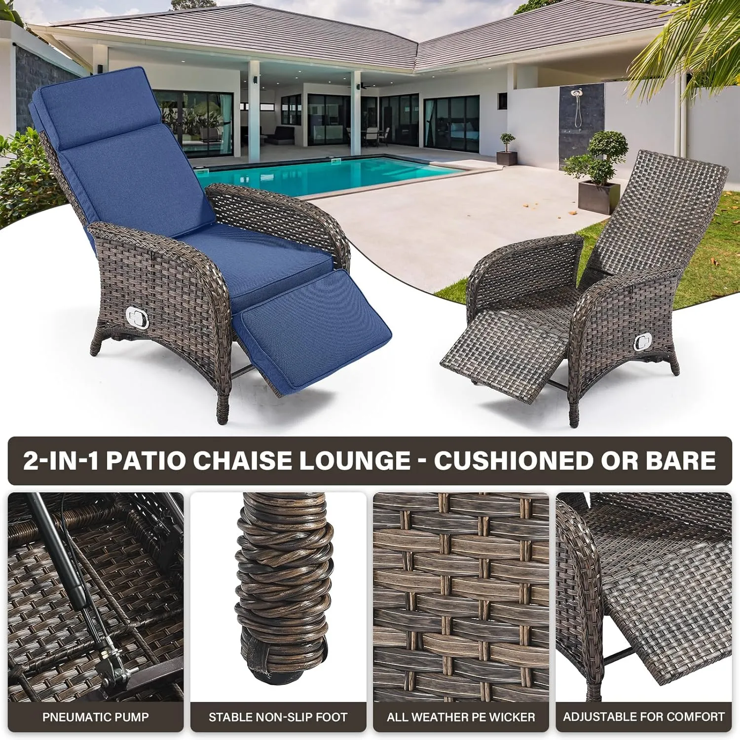 Versatile Outdoor Recliner Chair - Reclining Patio Chair with Adjustable Backrest and Footrest, All-Weather Wicker Chaise Lounge Chair Outdoor for Pool Deck Brown