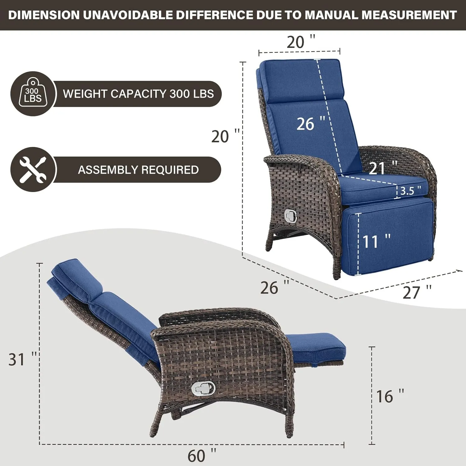 Versatile Outdoor Recliner Chair - Reclining Patio Chair with Adjustable Backrest and Footrest, All-Weather Wicker Chaise Lounge Chair Outdoor for Pool Deck Brown