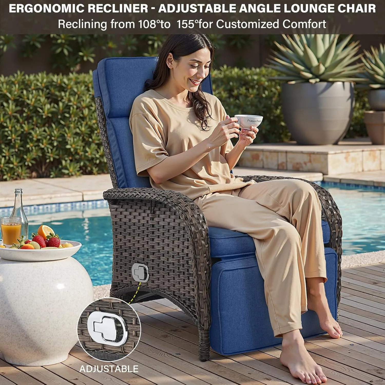 Versatile Outdoor Recliner Chair - Reclining Patio Chair with Adjustable Backrest and Footrest, All-Weather Wicker Chaise Lounge Chair Outdoor for Pool Deck Brown