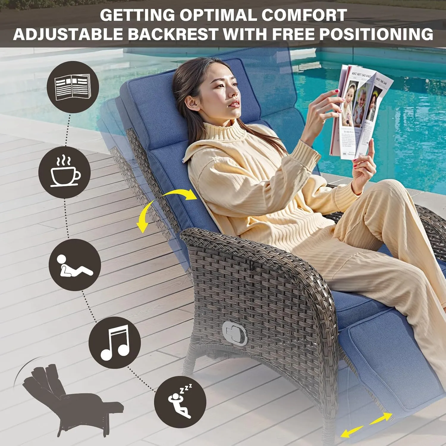 Versatile Outdoor Recliner Chair - Reclining Patio Chair with Adjustable Backrest and Footrest, All-Weather Wicker Chaise Lounge Chair Outdoor for Pool Deck Brown