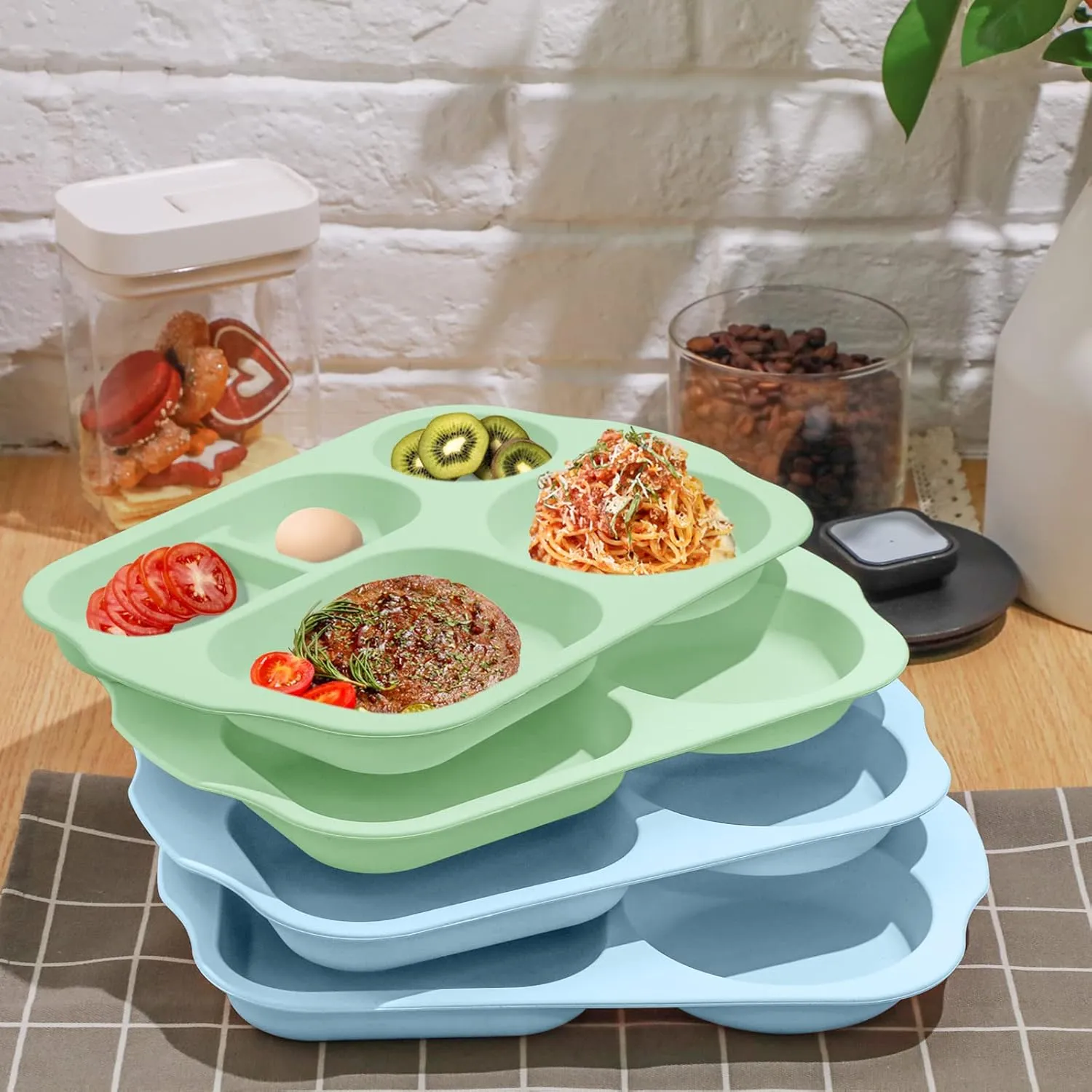 Vesici 8 Pcs Large 12 Inch Unbreakable Divided Plates for Kids Adults - Wheat Straw Tray - Microwave Dishwasher Safe - Reusable Plastic Compartment Plates(Green, Blue)