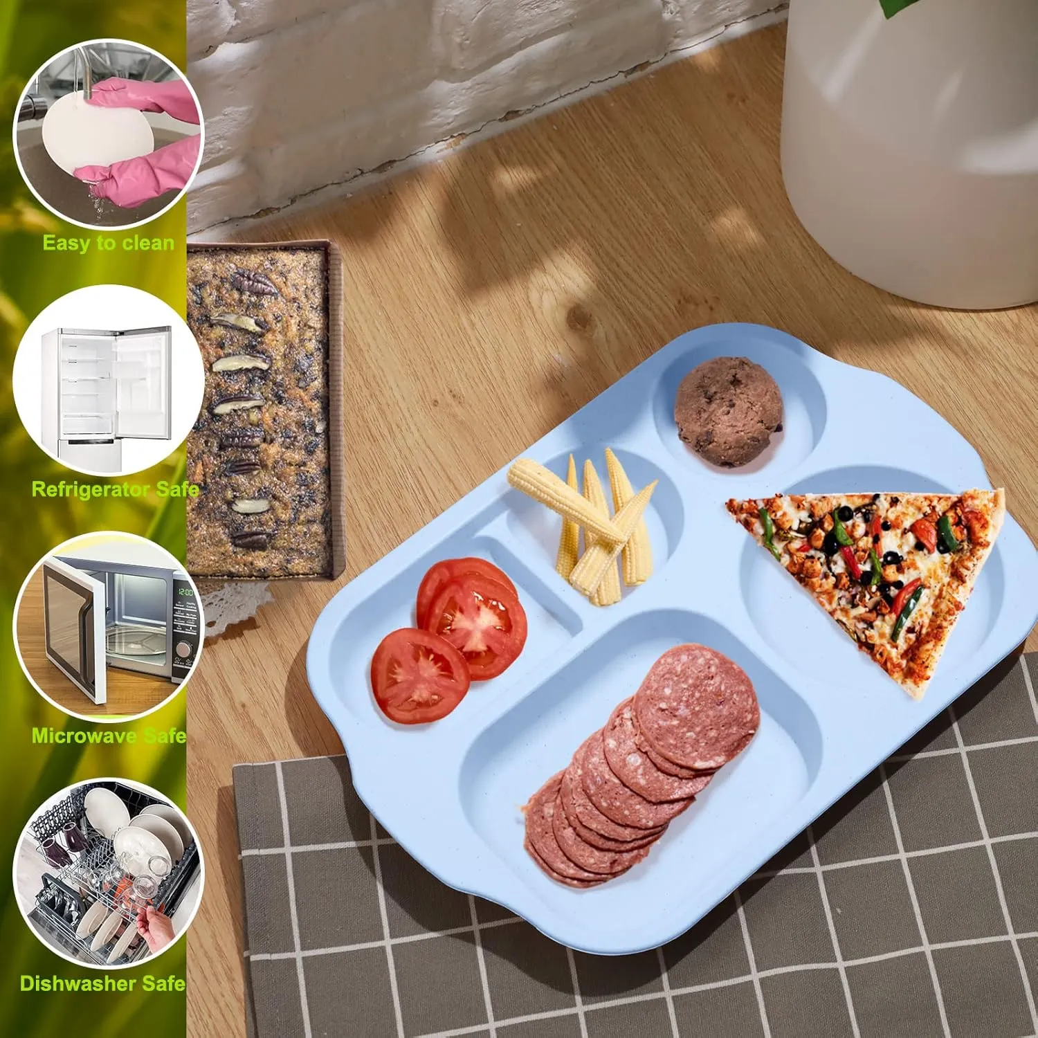 Vesici 8 Pcs Large 12 Inch Unbreakable Divided Plates for Kids Adults - Wheat Straw Tray - Microwave Dishwasher Safe - Reusable Plastic Compartment Plates(Green, Blue)