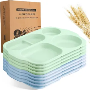 Vesici 8 Pcs Large 12 Inch Unbreakable Divided Plates for Kids Adults - Wheat Straw Tray - Microwave Dishwasher Safe - Reusable Plastic Compartment Plates(Green, Blue)