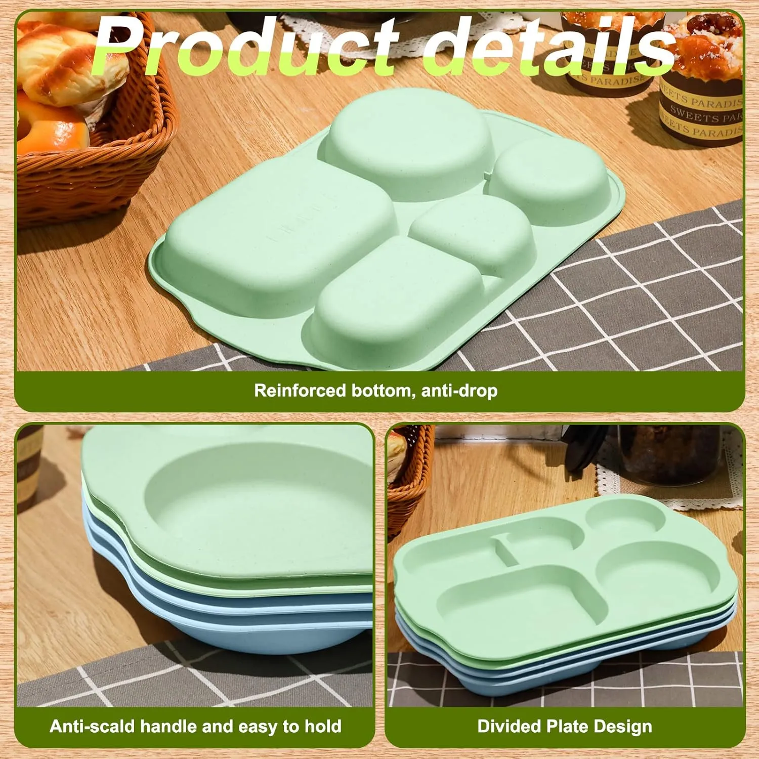 Vesici 8 Pcs Large 12 Inch Unbreakable Divided Plates for Kids Adults - Wheat Straw Tray - Microwave Dishwasher Safe - Reusable Plastic Compartment Plates(Green, Blue)