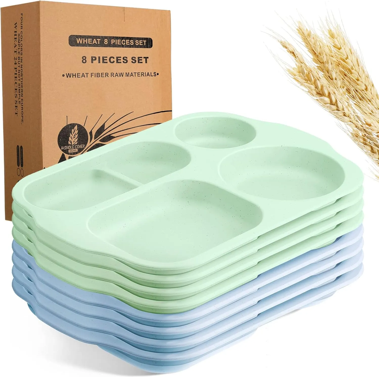 Vesici 8 Pcs Large 12 Inch Unbreakable Divided Plates for Kids Adults - Wheat Straw Tray - Microwave Dishwasher Safe - Reusable Plastic Compartment Plates(Green, Blue)