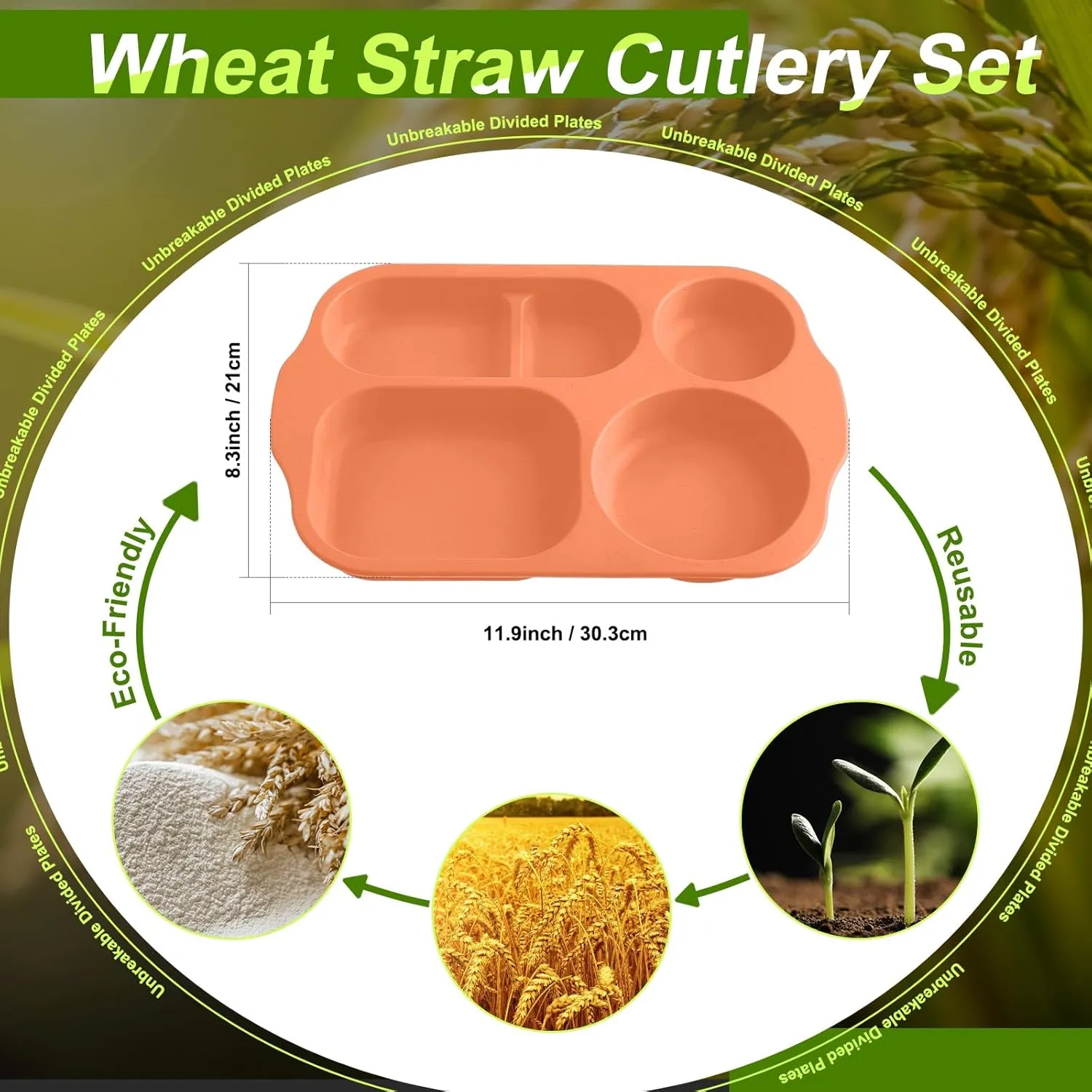 Vesici 8 Pcs Large 12 Inch Unbreakable Divided Plates for Kids Adults - Wheat Straw Tray - Microwave Dishwasher Safe - Reusable Plastic Compartment Plates(Orange, Yellow, Dark Blue, Dark Green)