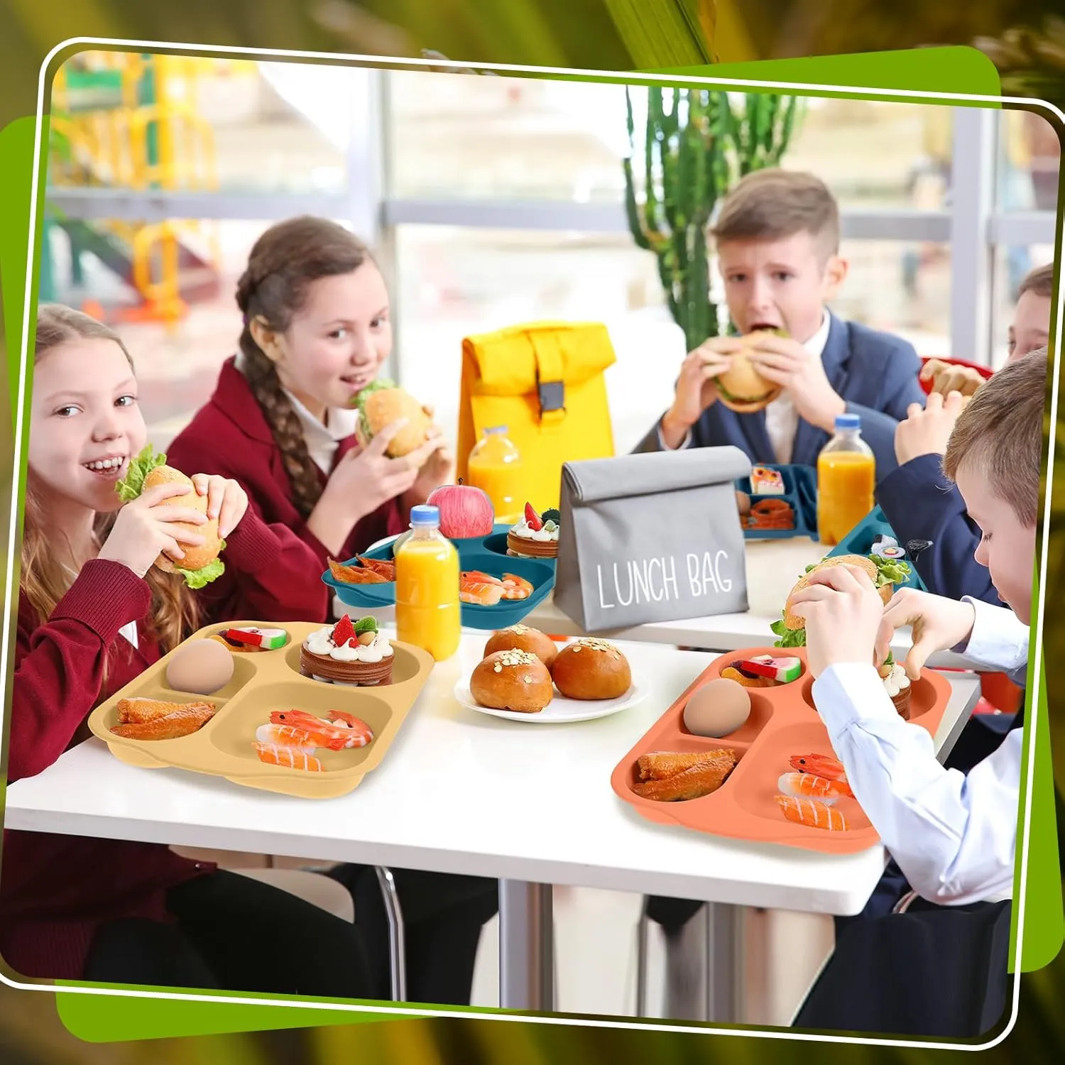 Vesici 8 Pcs Large 12 Inch Unbreakable Divided Plates for Kids Adults - Wheat Straw Tray - Microwave Dishwasher Safe - Reusable Plastic Compartment Plates(Orange, Yellow, Dark Blue, Dark Green)