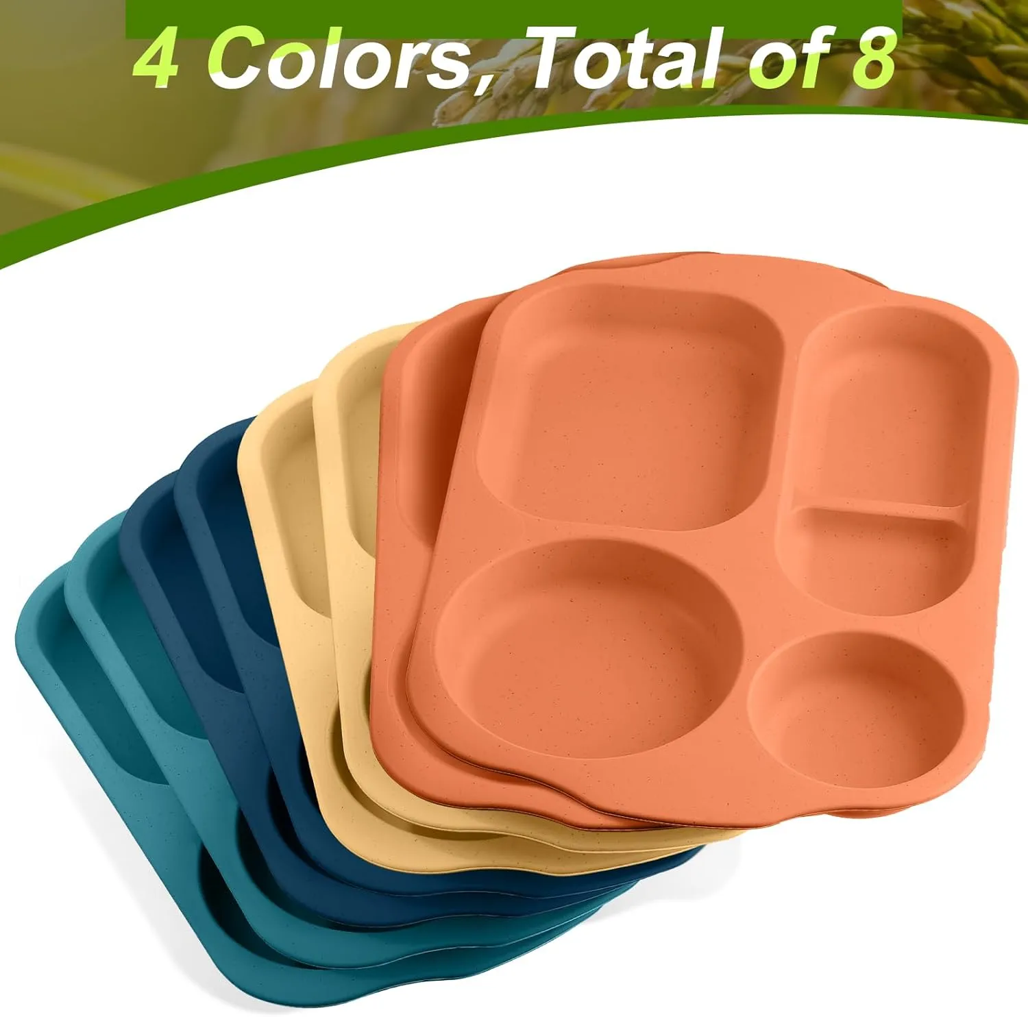 Vesici 8 Pcs Large 12 Inch Unbreakable Divided Plates for Kids Adults - Wheat Straw Tray - Microwave Dishwasher Safe - Reusable Plastic Compartment Plates(Orange, Yellow, Dark Blue, Dark Green)