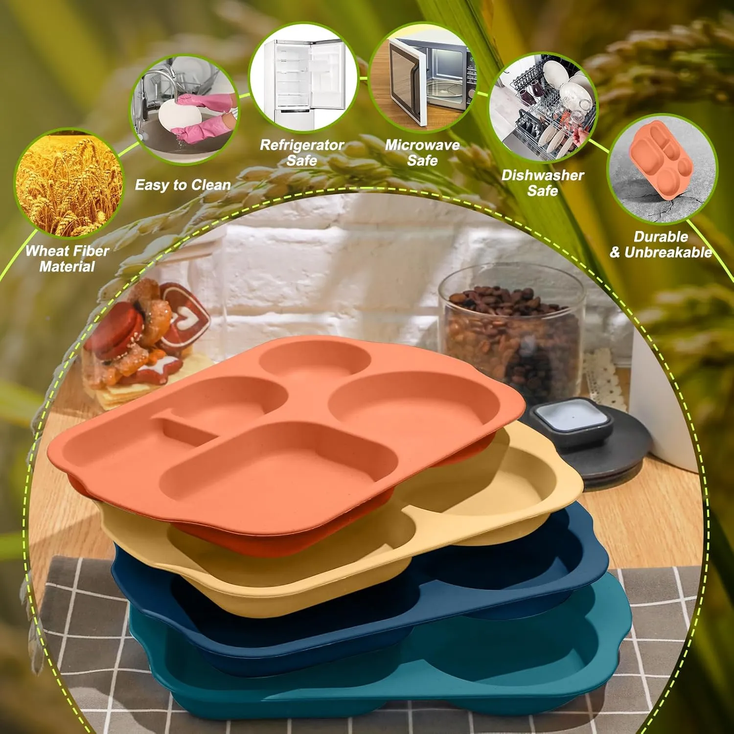 Vesici 8 Pcs Large 12 Inch Unbreakable Divided Plates for Kids Adults - Wheat Straw Tray - Microwave Dishwasher Safe - Reusable Plastic Compartment Plates(Orange, Yellow, Dark Blue, Dark Green)