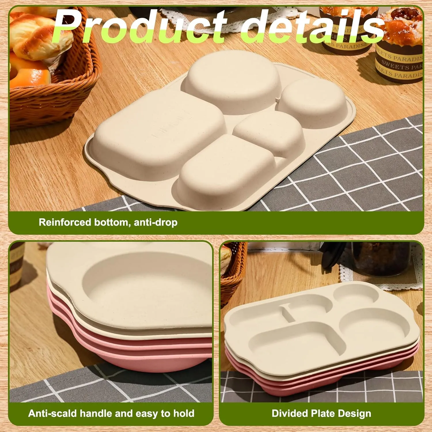 Vesici 8 Pcs Large 12 Inch Unbreakable Divided Plates for Kids Adults - Wheat Straw Tray - Microwave Dishwasher Safe - Reusable Plastic Compartment Plates(Pink, Beige)