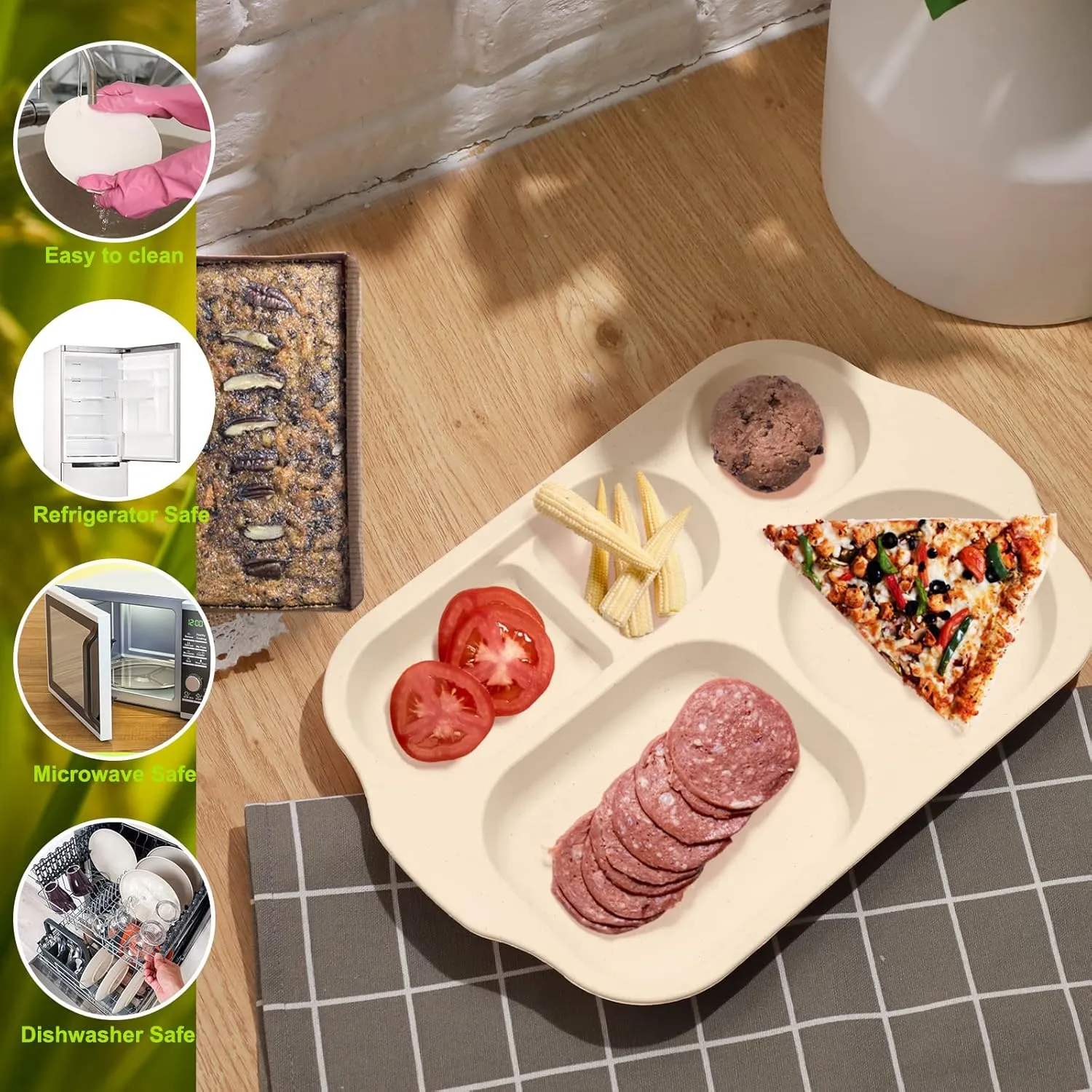 Vesici 8 Pcs Large 12 Inch Unbreakable Divided Plates for Kids Adults - Wheat Straw Tray - Microwave Dishwasher Safe - Reusable Plastic Compartment Plates(Pink, Beige)