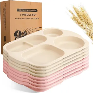 Vesici 8 Pcs Large 12 Inch Unbreakable Divided Plates for Kids Adults - Wheat Straw Tray - Microwave Dishwasher Safe - Reusable Plastic Compartment Plates(Pink, Beige)