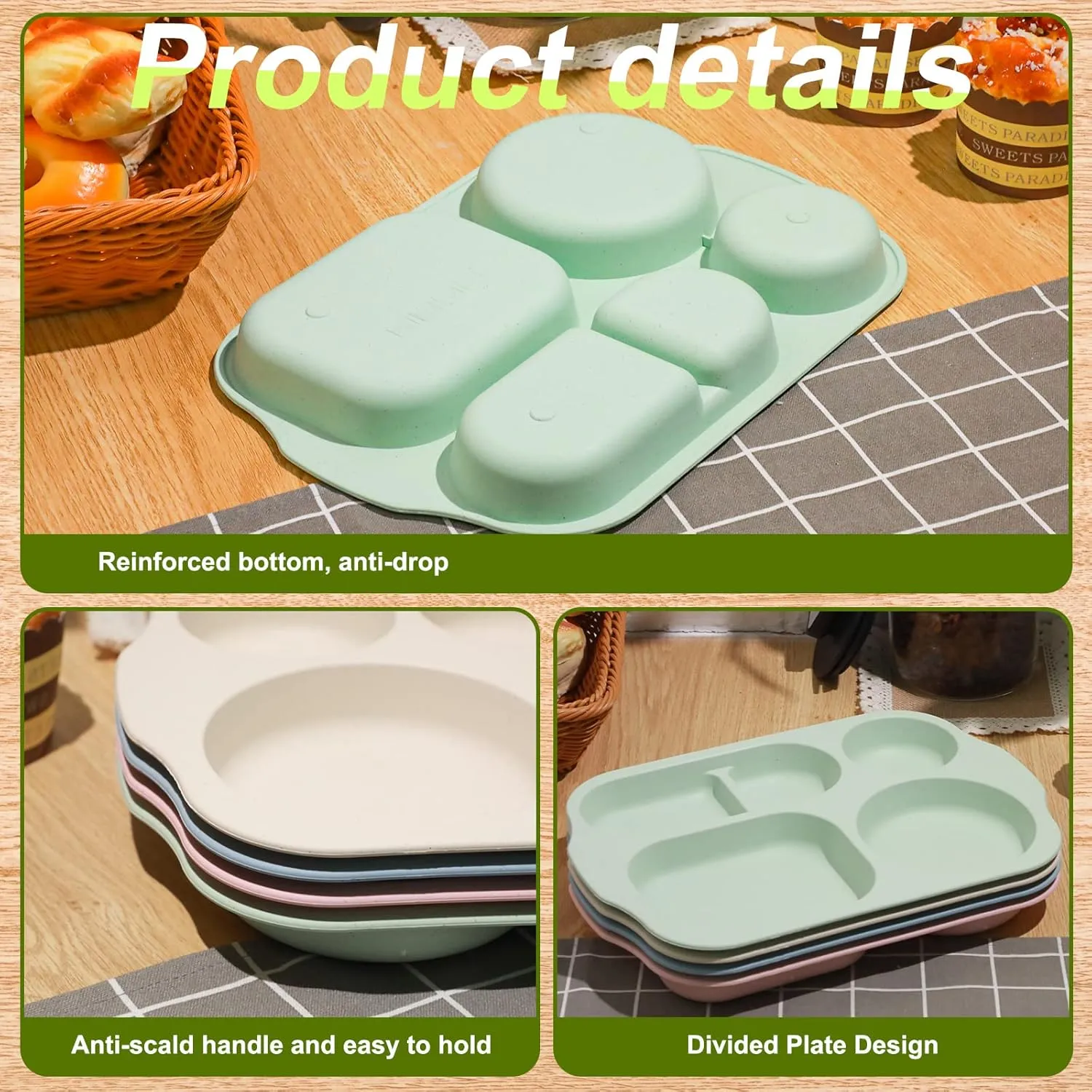 Vesici 8 Pcs Large 12 Inch Unbreakable Divided Plates for Kids Adults - Wheat Straw Tray - Microwave Dishwasher Safe - Reusable Plastic Compartment Plates(Pink, Blue, Beige, Green)