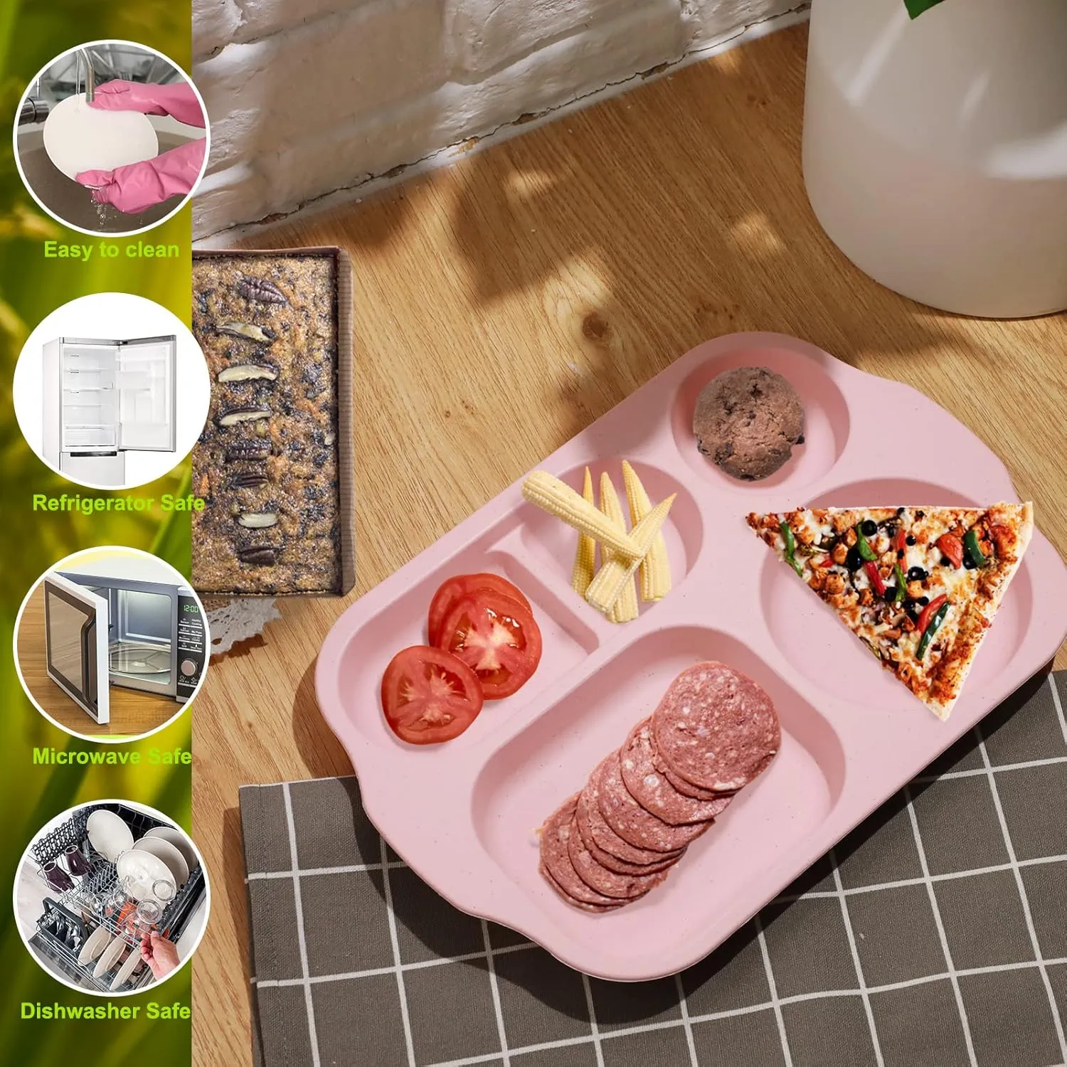 Vesici 8 Pcs Large 12 Inch Unbreakable Divided Plates for Kids Adults - Wheat Straw Tray - Microwave Dishwasher Safe - Reusable Plastic Compartment Plates(Pink, Blue, Beige, Green)