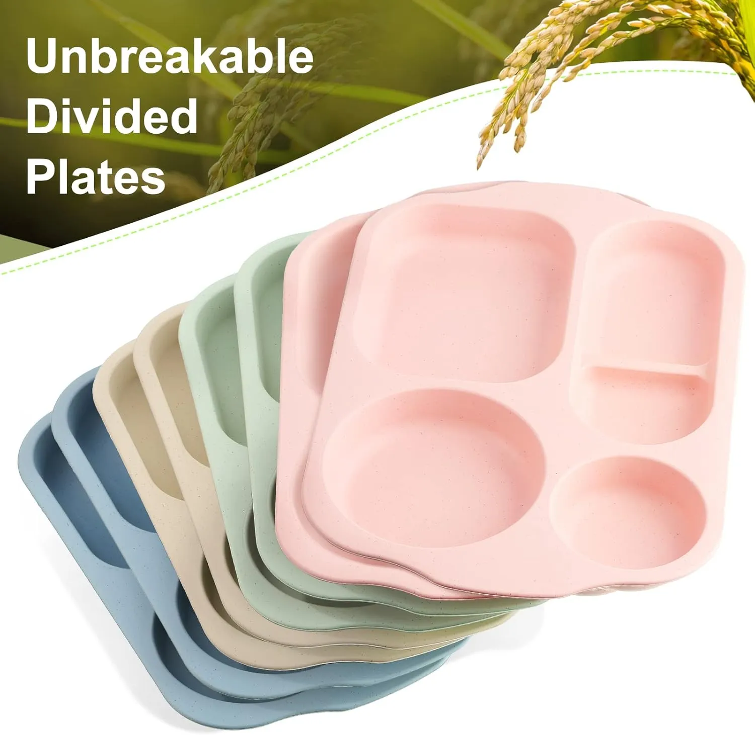 Vesici 8 Pcs Large 12 Inch Unbreakable Divided Plates for Kids Adults - Wheat Straw Tray - Microwave Dishwasher Safe - Reusable Plastic Compartment Plates(Pink, Blue, Beige, Green)