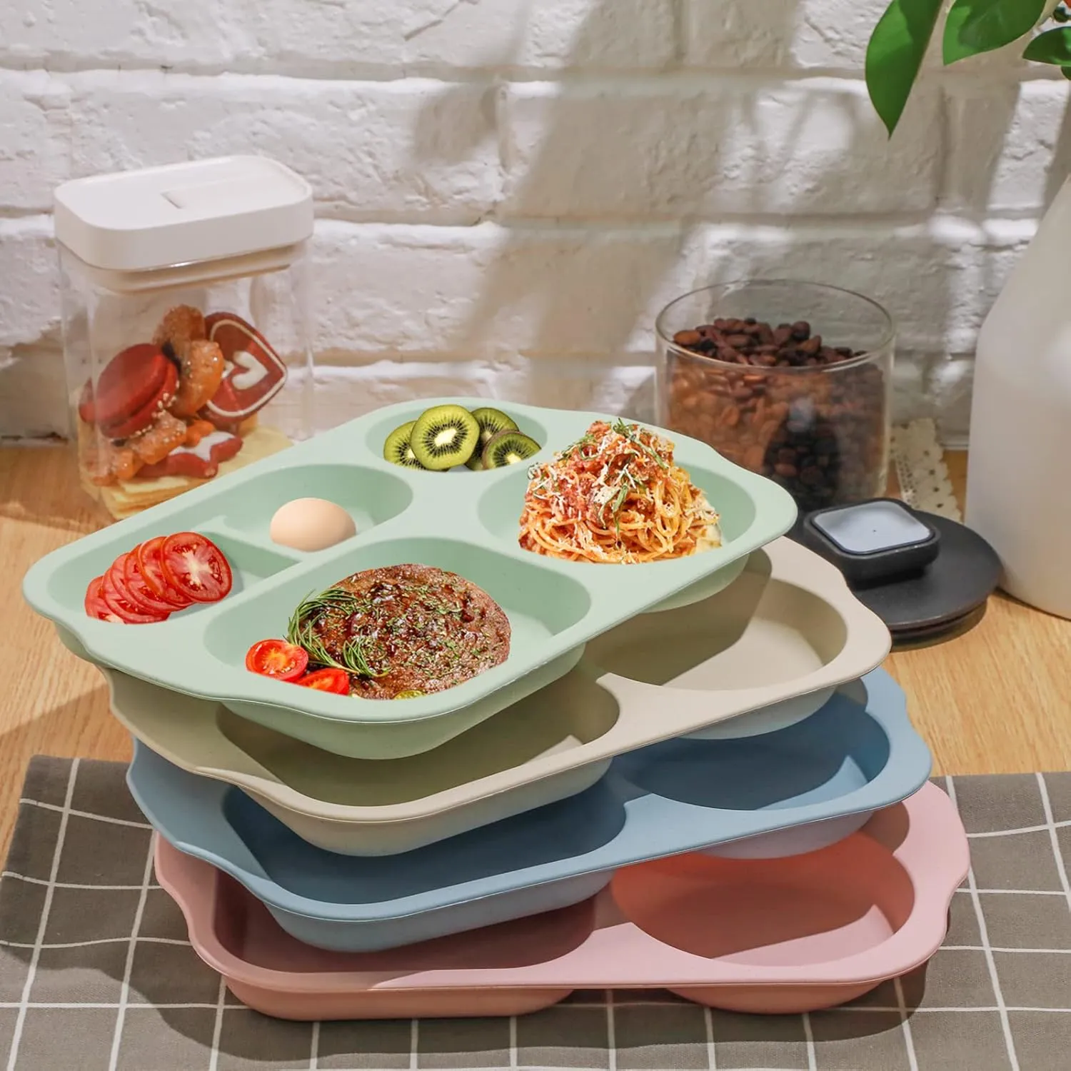 Vesici 8 Pcs Large 12 Inch Unbreakable Divided Plates for Kids Adults - Wheat Straw Tray - Microwave Dishwasher Safe - Reusable Plastic Compartment Plates(Pink, Blue, Beige, Green)