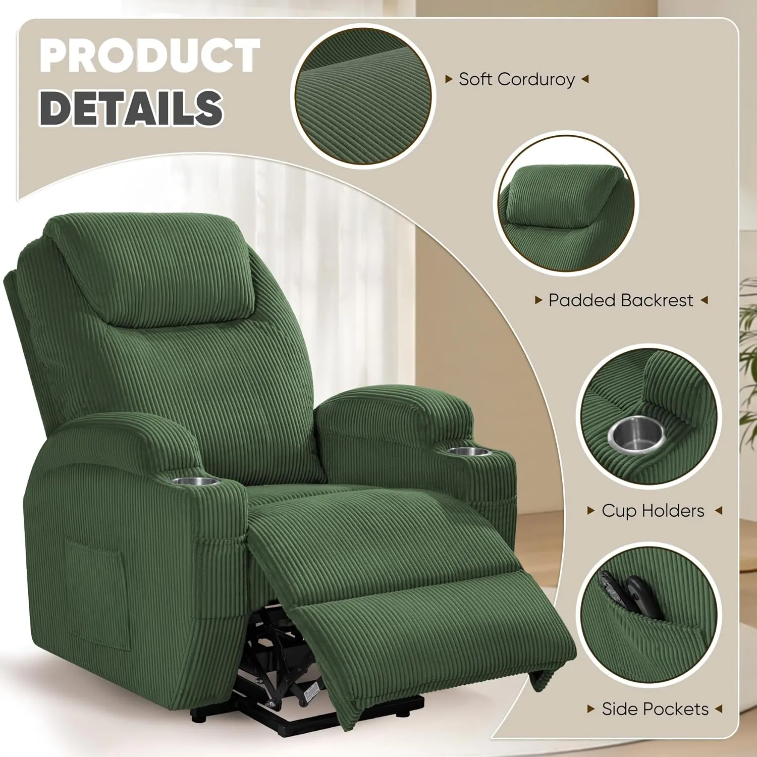VICTONE Electric Power Lift Recliner Chair for Elderly Reclining Sofa for Living Room with Massage, Side Pockets and Cup Holders (Corduroy, Green)