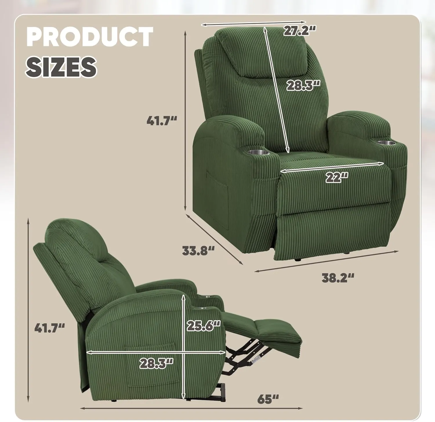 VICTONE Electric Power Lift Recliner Chair for Elderly Reclining Sofa for Living Room with Massage, Side Pockets and Cup Holders (Corduroy, Green)