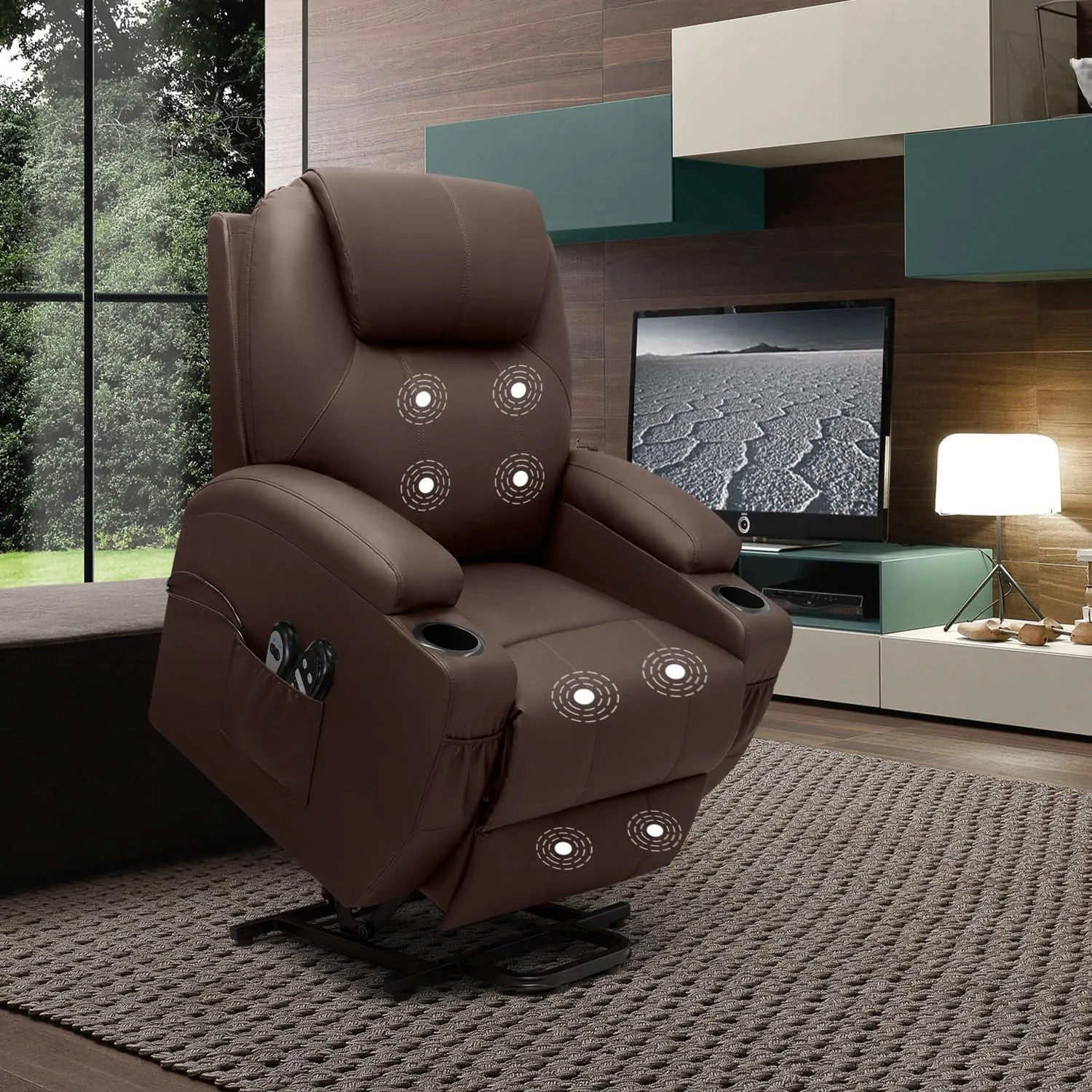 VICTONE Electric Power Lift Recliner Chair for Elderly Reclining Sofa for Living Room with Massage, Side Pockets and Cup Holders (Leather, Brown)
