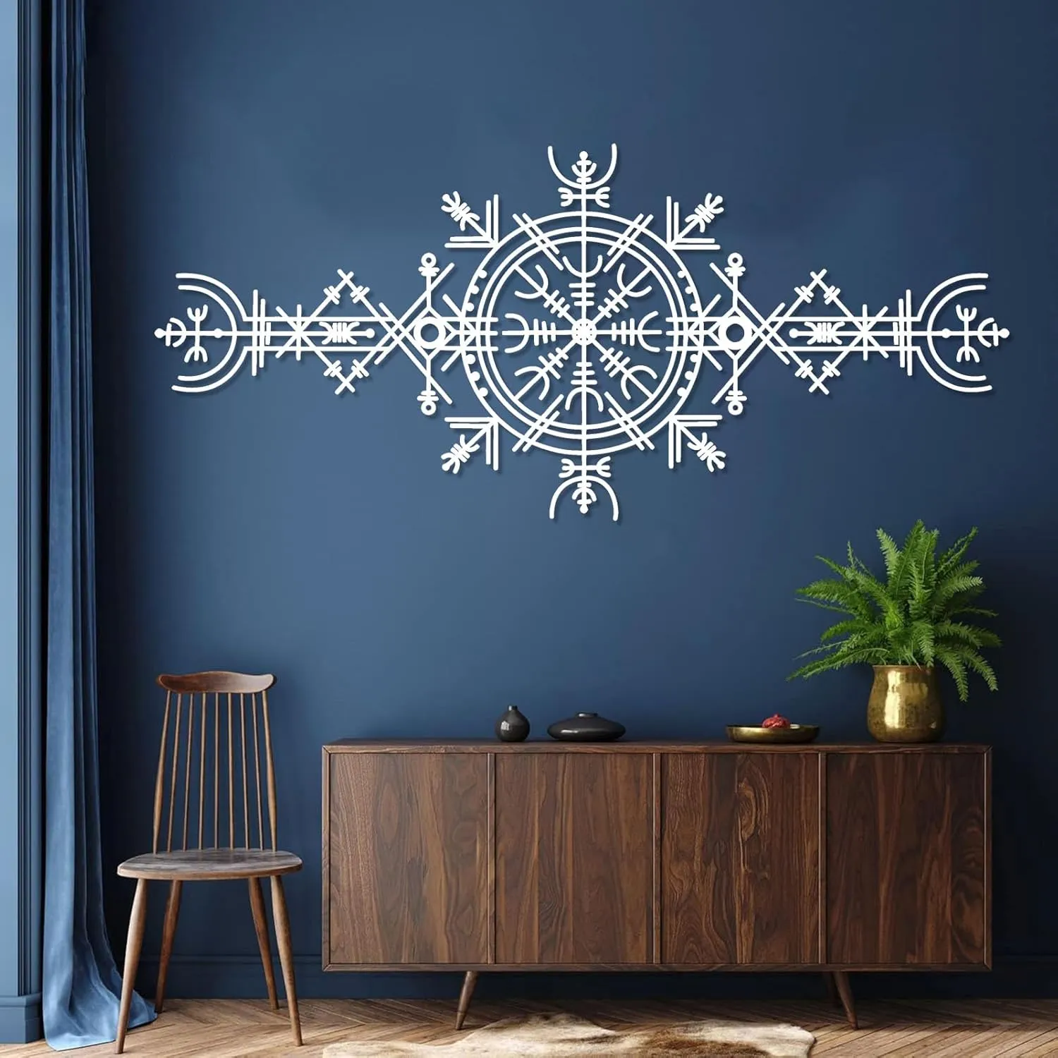 Viking Wayfinders Metal Wall Decor, Vegvisir Metal Wall Art, Old Norse Sign, Rune Circle with Mjölnir, Viking Compass Symbol Metal Wall Art, Extraordinary Vegvisir Sculpture, Nordic Symbol, Icelandic Art (16"x35"|40x90cm, Black)