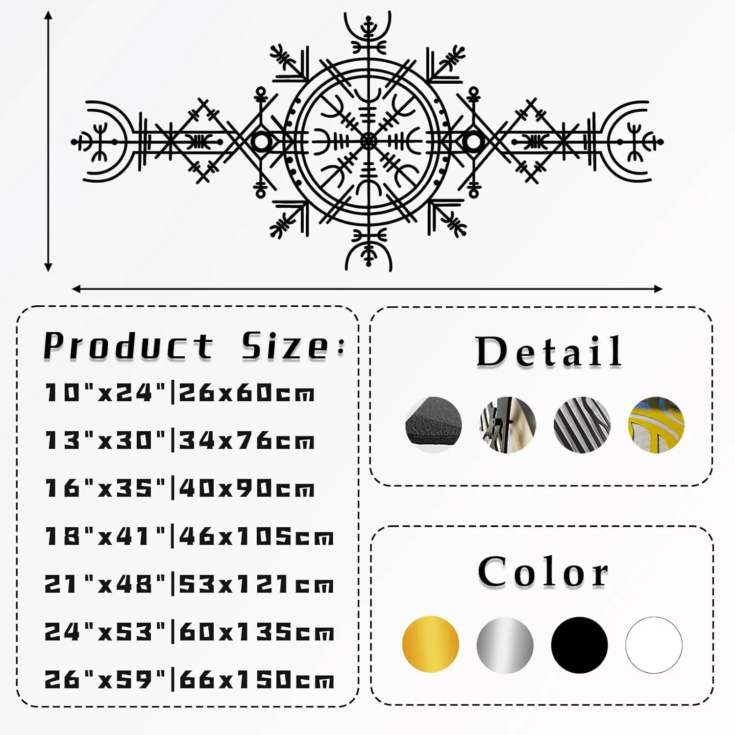 Viking Wayfinders Metal Wall Decor, Vegvisir Metal Wall Art, Old Norse Sign, Rune Circle with Mjölnir, Viking Compass Symbol Metal Wall Art, Extraordinary Vegvisir Sculpture, Nordic Symbol, Icelandic Art (16"x35"|40x90cm, Black)