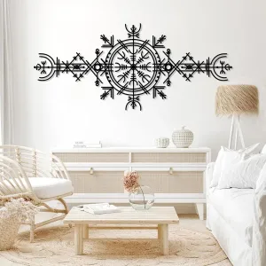 Viking Wayfinders Metal Wall Decor, Vegvisir Metal Wall Art, Old Norse Sign, Rune Circle with Mjölnir, Viking Compass Symbol Metal Wall Art, Extraordinary Vegvisir Sculpture, Nordic Symbol, Icelandic Art (16"x35"|40x90cm, Black)
