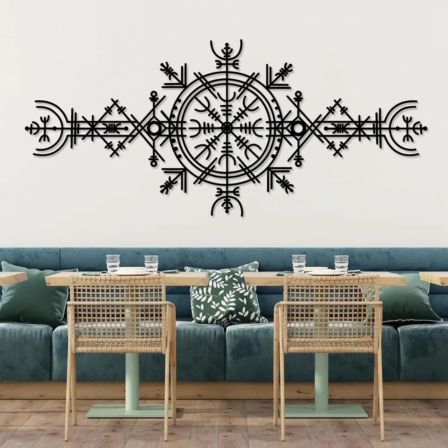 Viking Wayfinders Metal Wall Decor, Vegvisir Metal Wall Art, Old Norse Sign, Rune Circle with Mjölnir, Viking Compass Symbol Metal Wall Art, Extraordinary Vegvisir Sculpture, Nordic Symbol, Icelandic Art (16"x35"|40x90cm, Black)
