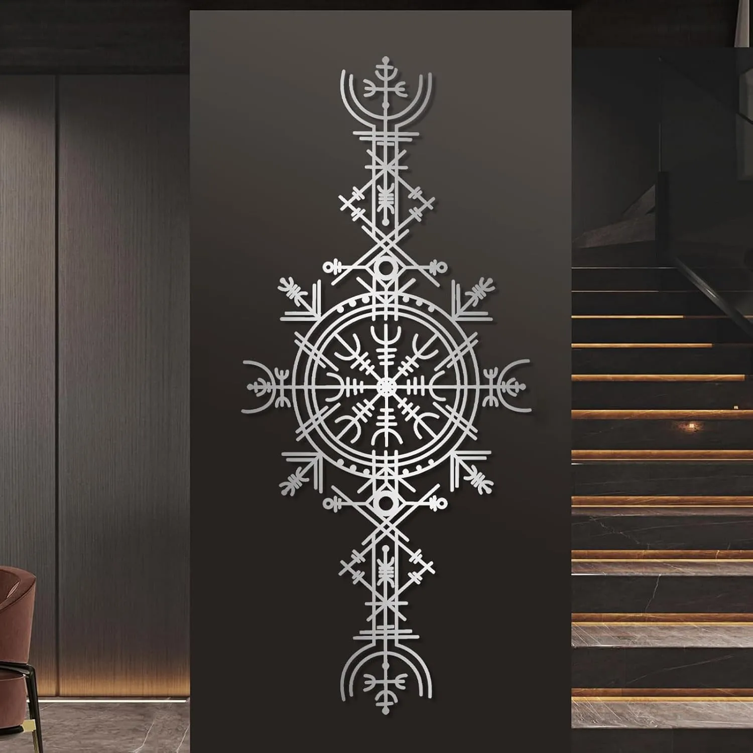 Viking Wayfinders Metal Wall Decor, Vegvisir Metal Wall Art, Old Norse Sign, Rune Circle with Mjölnir, Viking Compass Symbol Metal Wall Art, Extraordinary Vegvisir Sculpture, Nordic Symbol, Icelandic Art (16"x35"|40x90cm, Black)