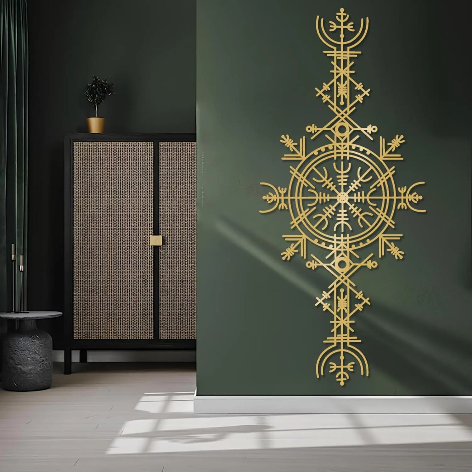 Viking Wayfinders Metal Wall Decor, Vegvisir Metal Wall Art, Old Norse Sign, Rune Circle with Mjölnir, Viking Compass Symbol Metal Wall Art, Extraordinary Vegvisir Sculpture, Nordic Symbol, Icelandic Art (16"x35"|40x90cm, Black)