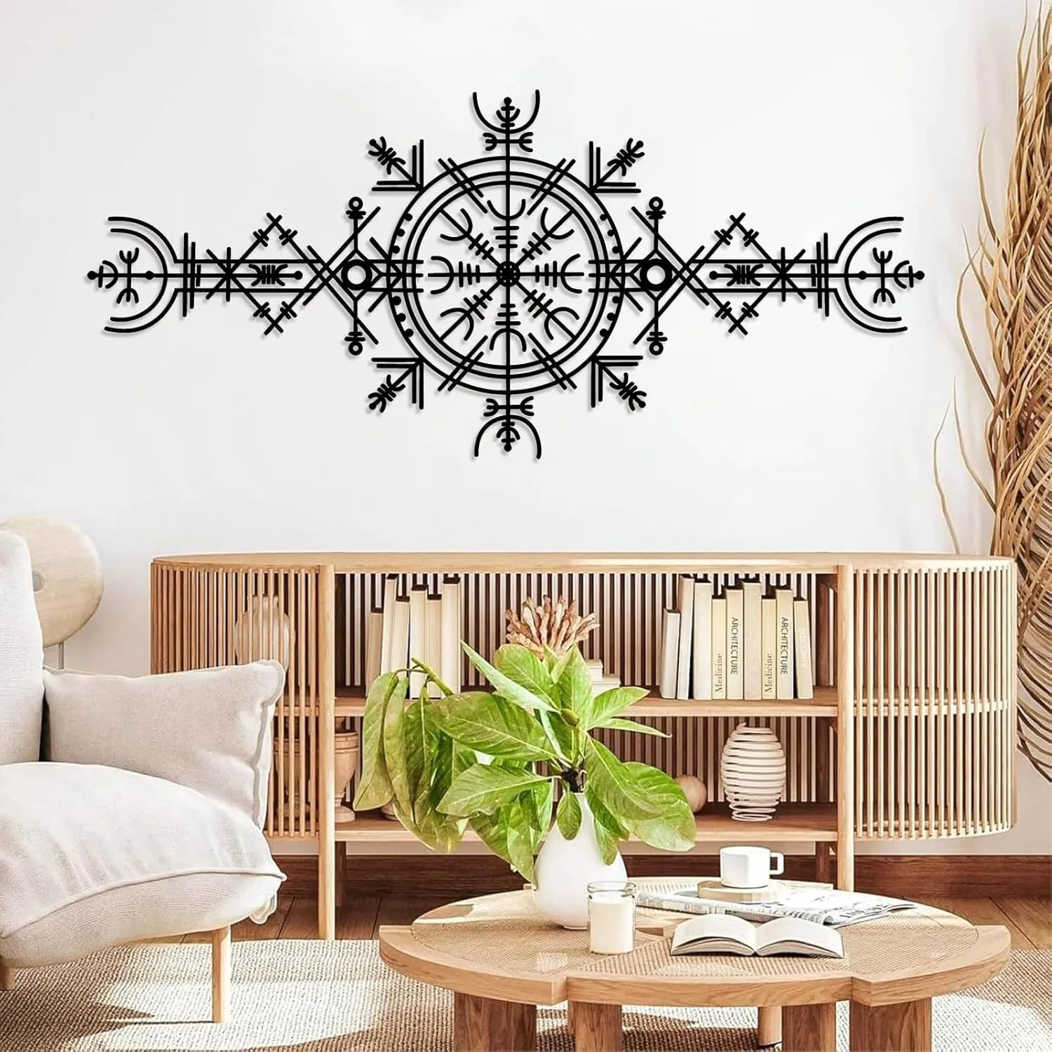 Viking Wayfinders Metal Wall Decor, Vegvisir Metal Wall Art, Old Norse Sign, Rune Circle with Mjölnir, Viking Compass Symbol Metal Wall Art, Extraordinary Vegvisir Sculpture, Nordic Symbol, Icelandic Art (16"x35"|40x90cm, Black)