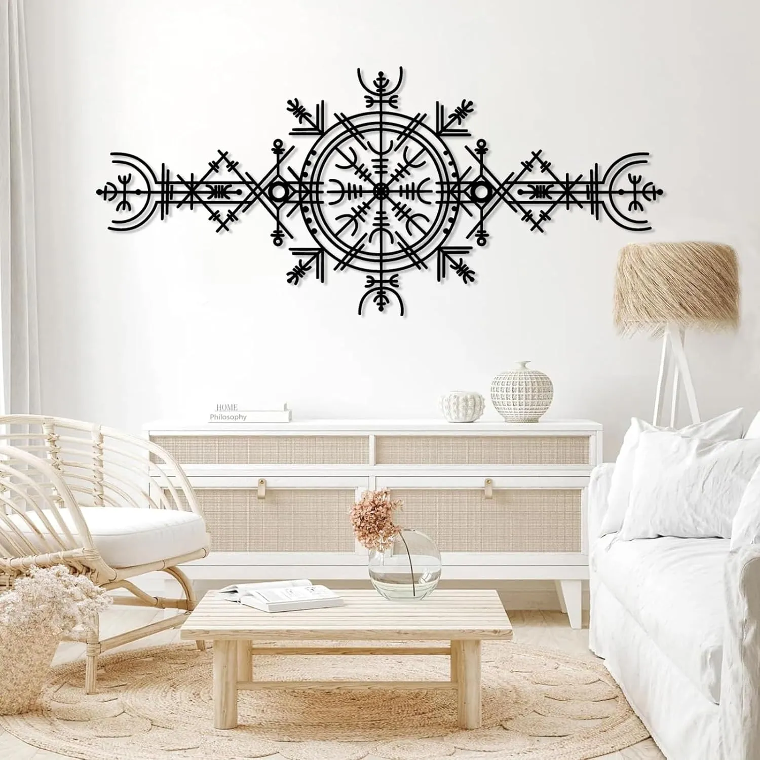 Viking Wayfinders Metal Wall Decor, Vegvisir Metal Wall Art, Old Norse Sign, Rune Circle with Mjölnir, Viking Compass Symbol Metal Wall Art, Extraordinary Vegvisir Sculpture, Nordic Symbol, Icelandic Art (16"x35"|40x90cm, Black)