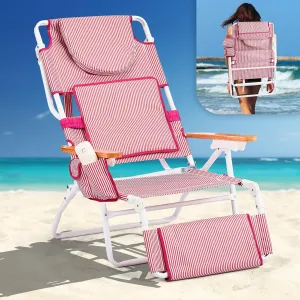 VINGLI Deluxe 3 in 1 Beach Chair, Tanning Chair with Face Hole, Portable Reclining Lounge with Foot Rest, Cup Holder and Storage Bag，Beach Lounge for Outdoor-Green