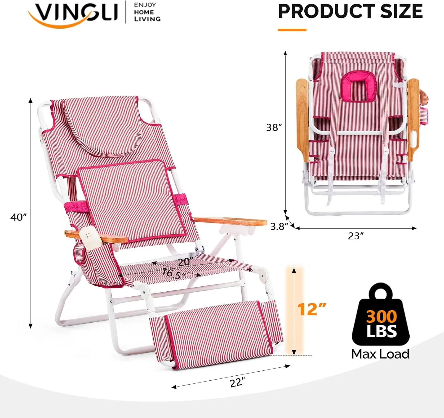 VINGLI Deluxe 3 in 1 Beach Chair, Tanning Chair with Face Hole, Portable Reclining Lounge with Foot Rest, Cup Holder and Storage Bag，Beach Lounge for Outdoor-Green