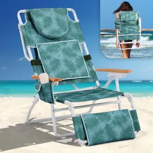 VINGLI Deluxe 3 in 1 Beach Chair, Tanning Chair with Face Hole, Portable Reclining Lounge with Foot Rest, Cup Holder and Storage Bag，Beach Lounge for Outdoor-Green