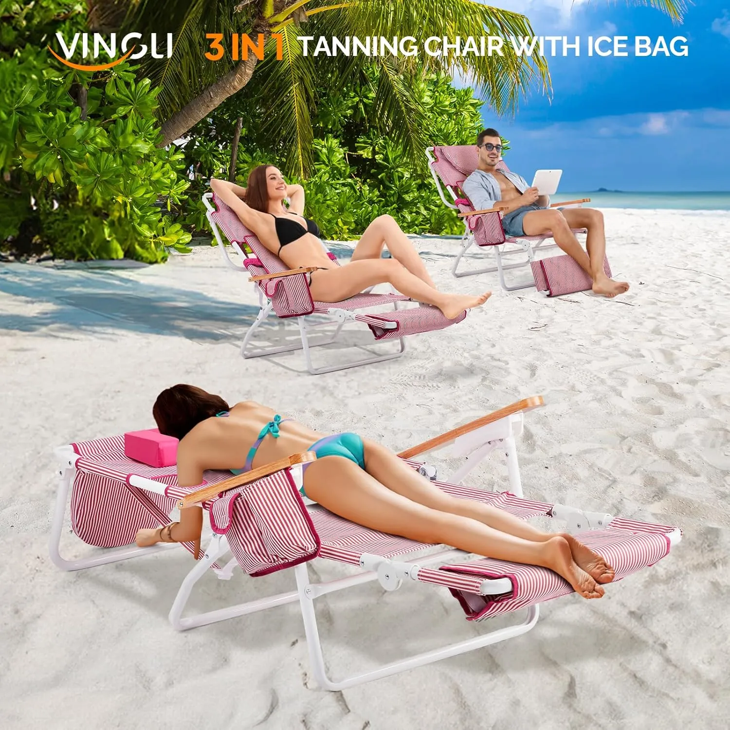 VINGLI Deluxe 3 in 1 Beach Chair, Tanning Chair with Face Hole, Portable Reclining Lounge with Foot Rest, Cup Holder and Storage Bag，Beach Lounge for Outdoor-Green