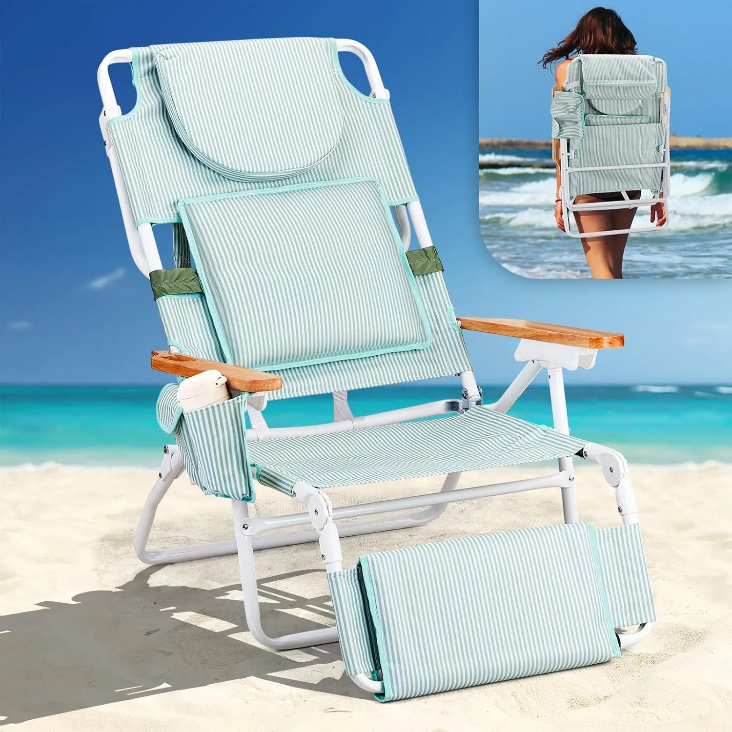 VINGLI Deluxe 3 in1 Beach Chair, Tanning Chair with Face Hole, Portable Reclining Lounge with Foot Rest, Cup Holder and Storage Bag，Beach Lounge for Outdoor