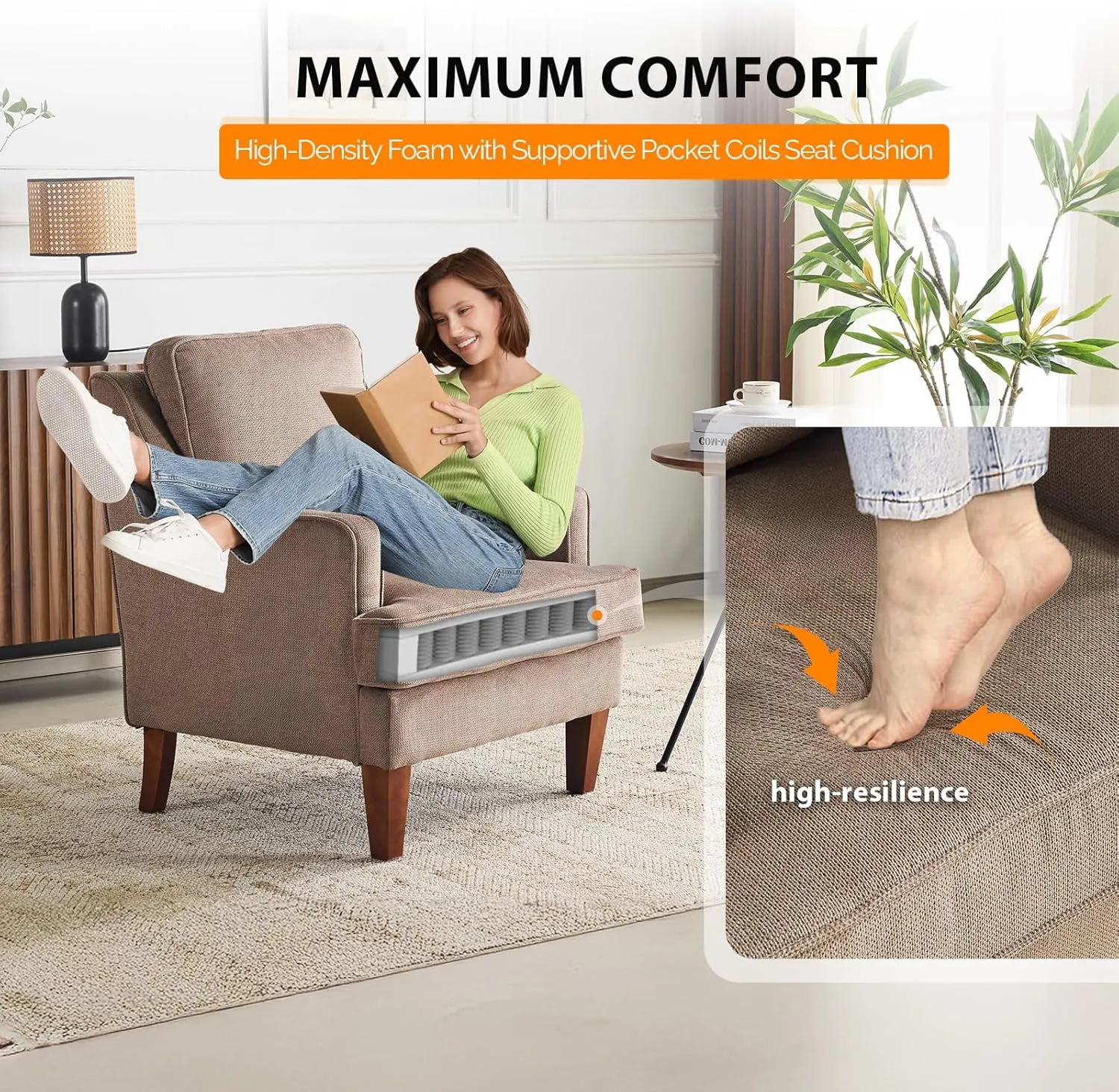 VINGLI Mid-Century Accent Arm Chair, Light Brown Upholstered Armchair Comfy Sofa Chair Reading Chair High Back Living Room Bedroom Furniture for Apartment